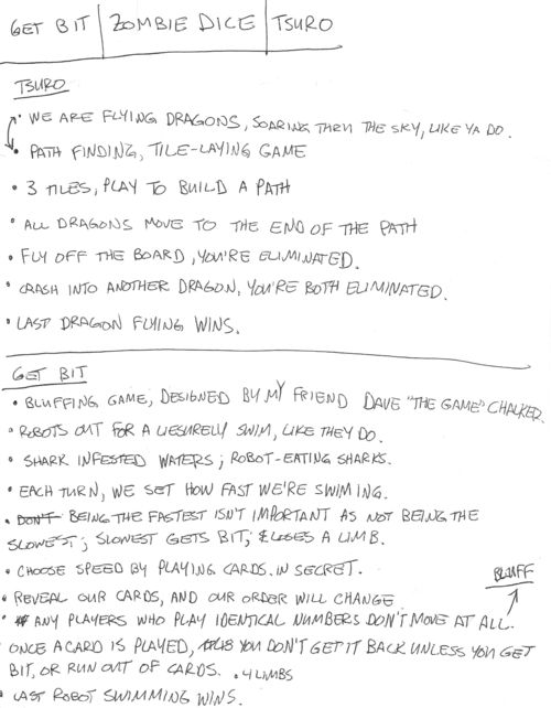 Wil Wheaton's handwritten Tabletop notes.